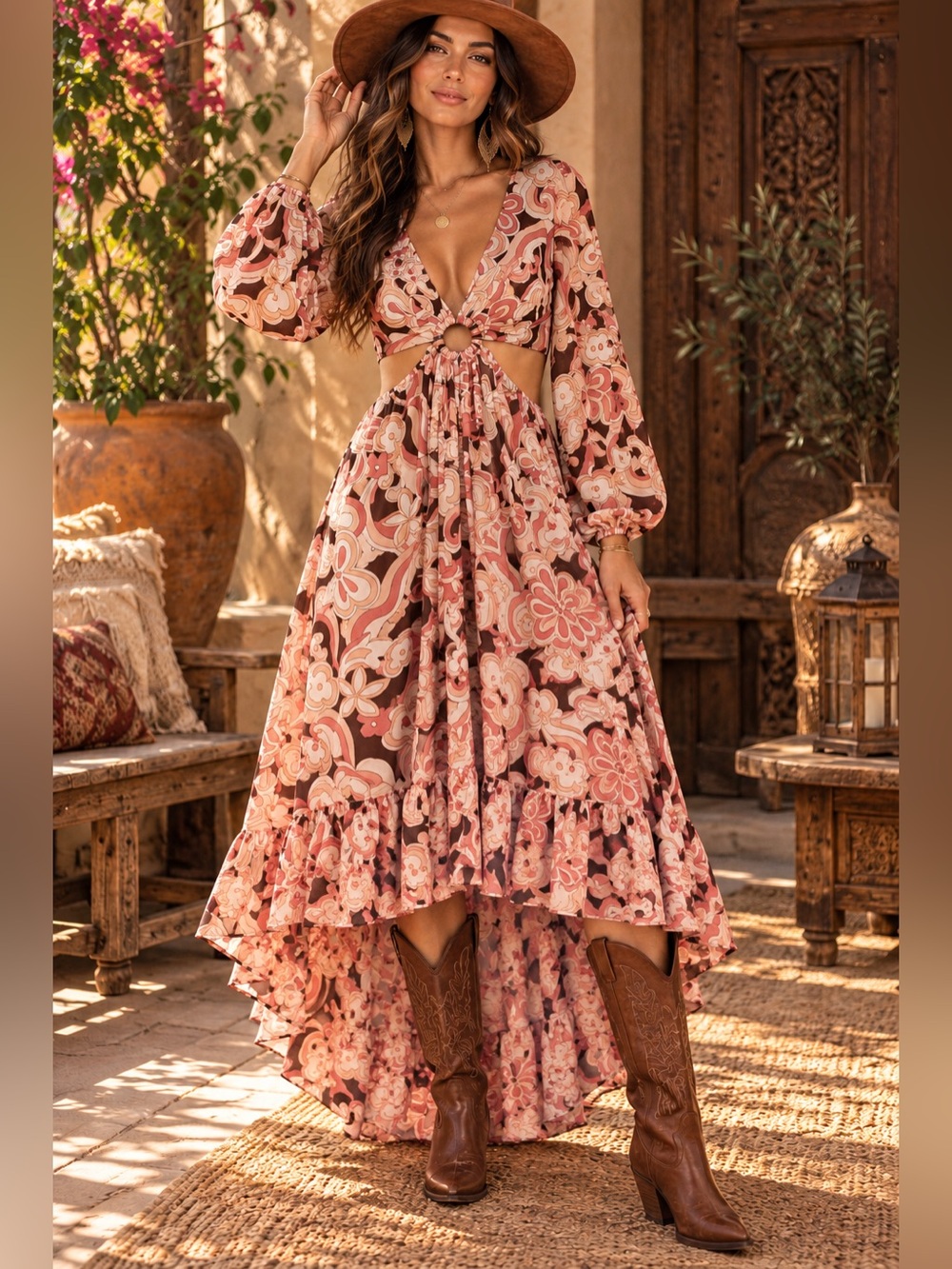 Indulge 70s Retro Floral Cutout High Low Maxi Dress L Boho